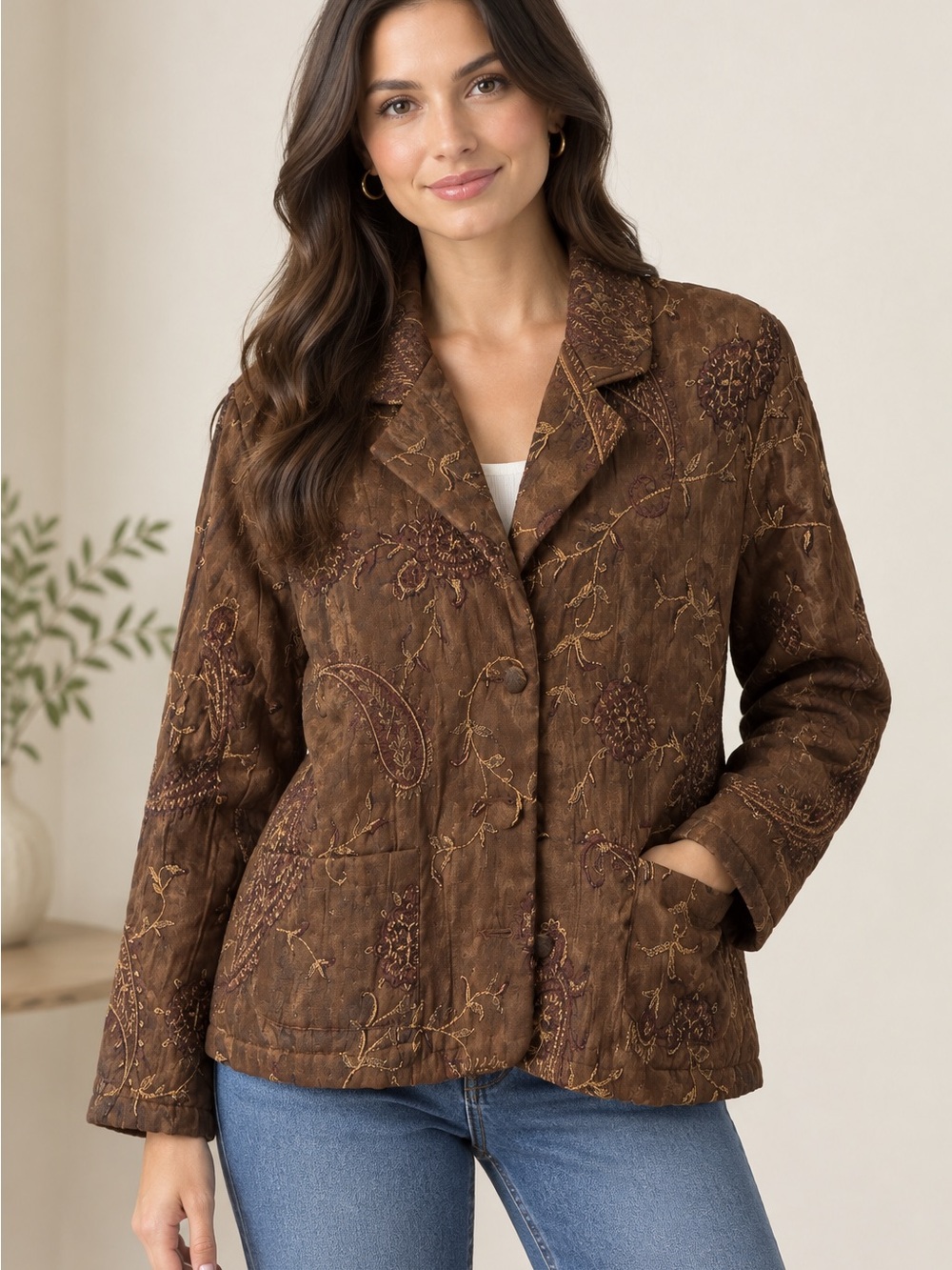 Chico's Women’s Size M Brown Embroidered Paisley Jacket